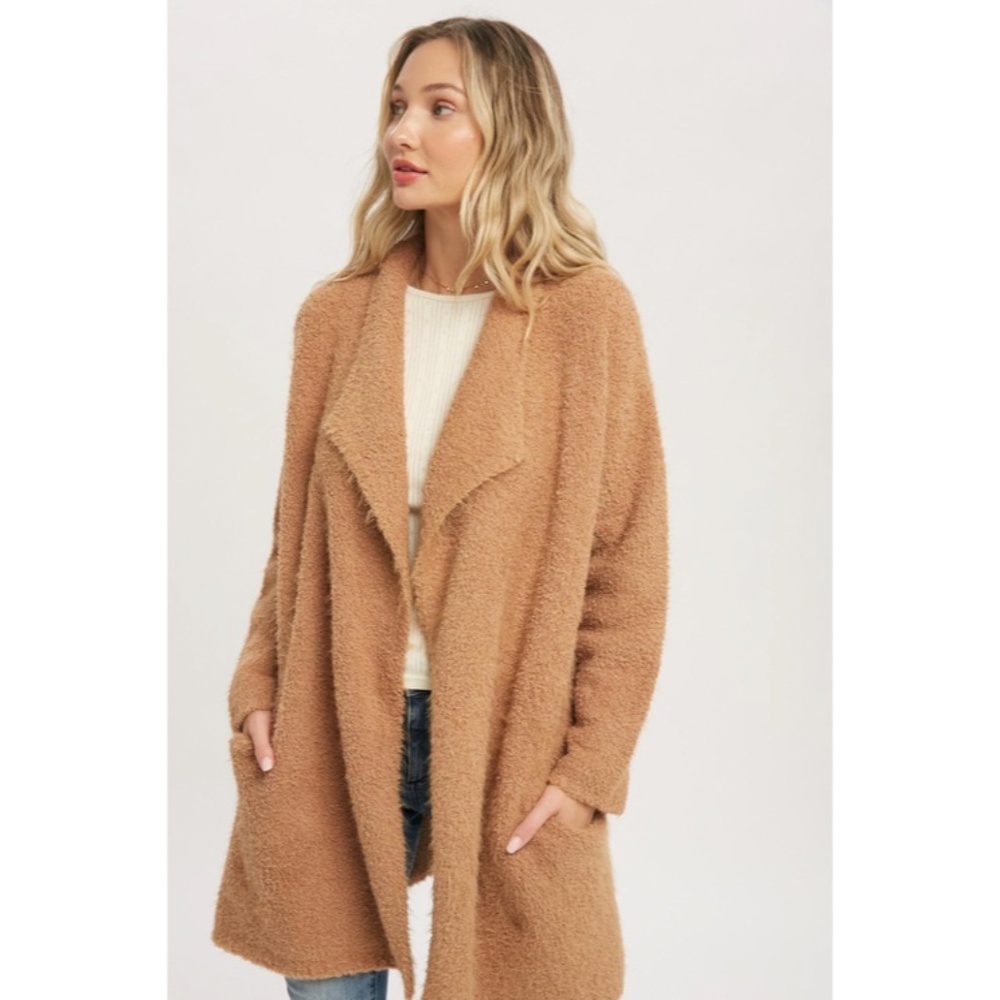 SOLD OUT Camel Soft Fuzzy Drape Front Dolman Oversized Knit Cardigan Sweater - Picture 4 of 8